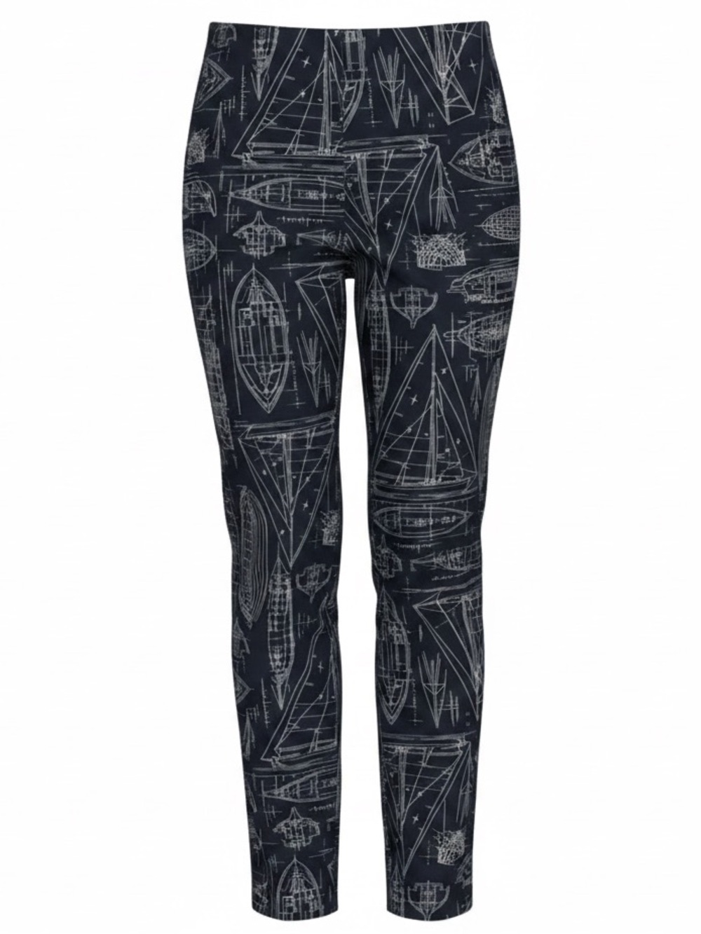 Ann Taylor Nautical Blueprint Sailboat Print Pants Side Zip Straight Leg Navy 4